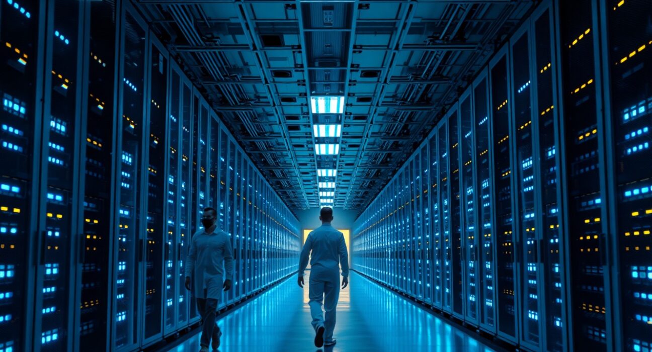 Interior of a Google Cloud data center with server racks and engineers walking down the aisle