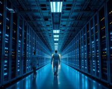 Interior of a Google Cloud data center with server racks and engineers walking down the aisle