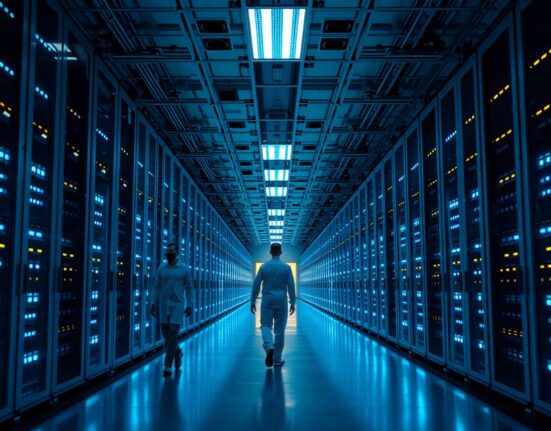 Interior of a Google Cloud data center with server racks and engineers walking down the aisle