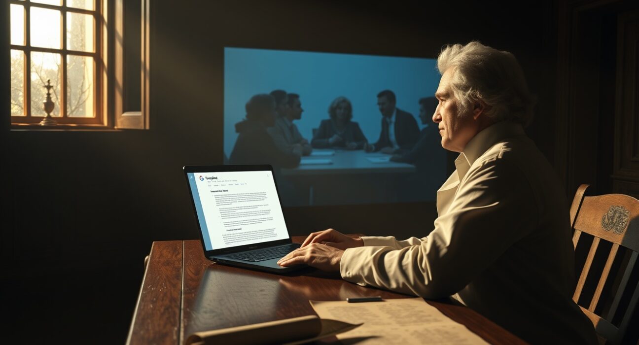 Thomas Jefferson in colonial attire using a laptop with Google Docs and a holographic Google Meet in the background