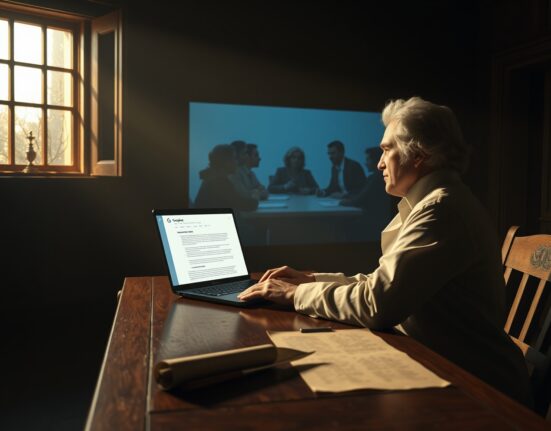 Thomas Jefferson in colonial attire using a laptop with Google Docs and a holographic Google Meet in the background
