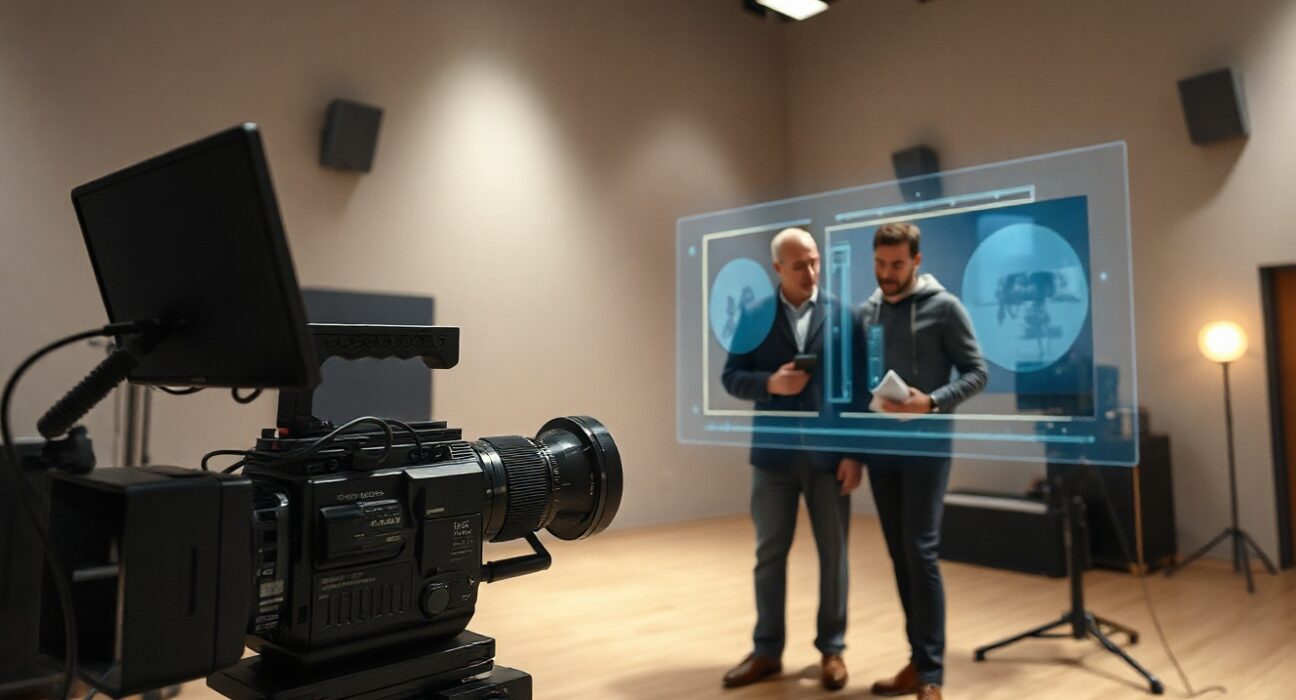 Film set with traditional camera and holographic AI storyboard display