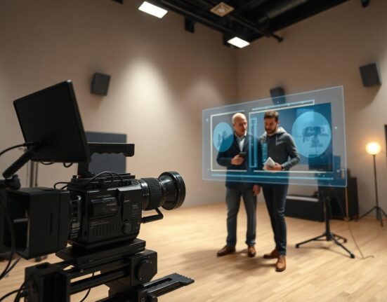 Film set with traditional camera and holographic AI storyboard display