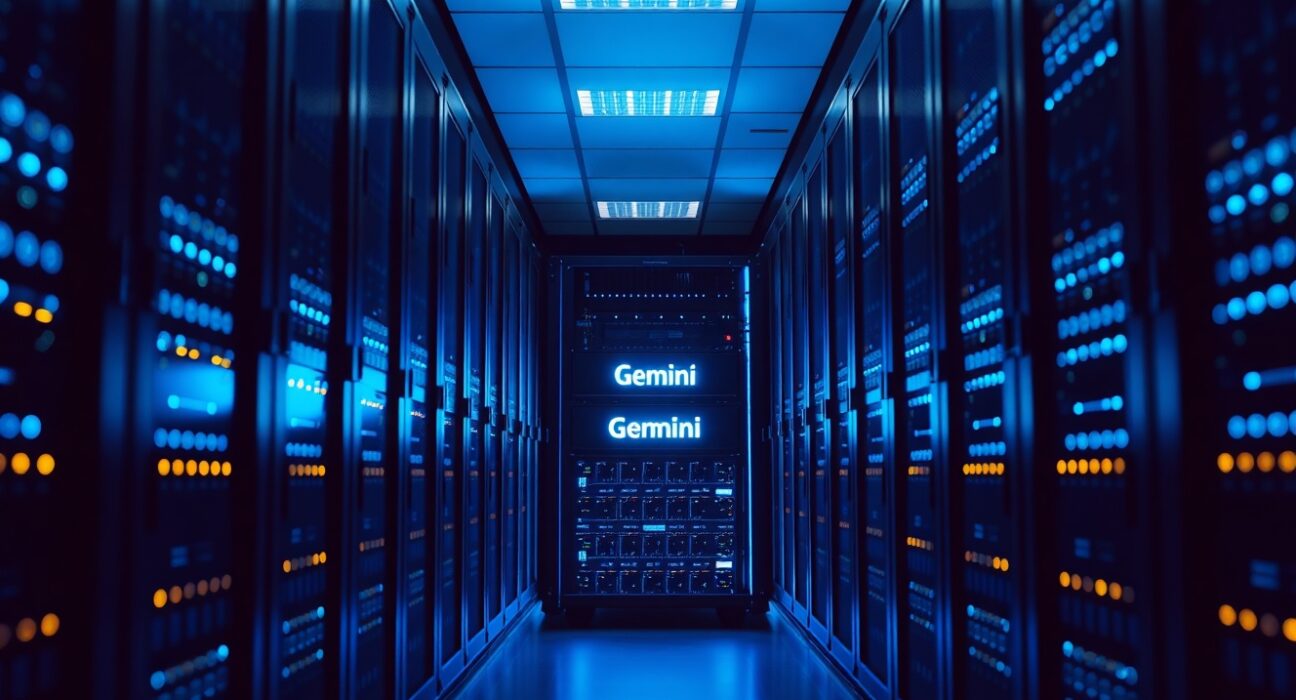 Interior of a modern data center with glowing server racks, highlighting the Gemini AI model launch.