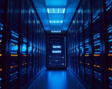 Interior of a modern data center with glowing server racks, highlighting the Gemini AI model launch.