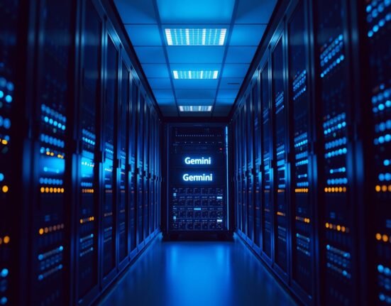 Interior of a modern data center with glowing server racks, highlighting the Gemini AI model launch.