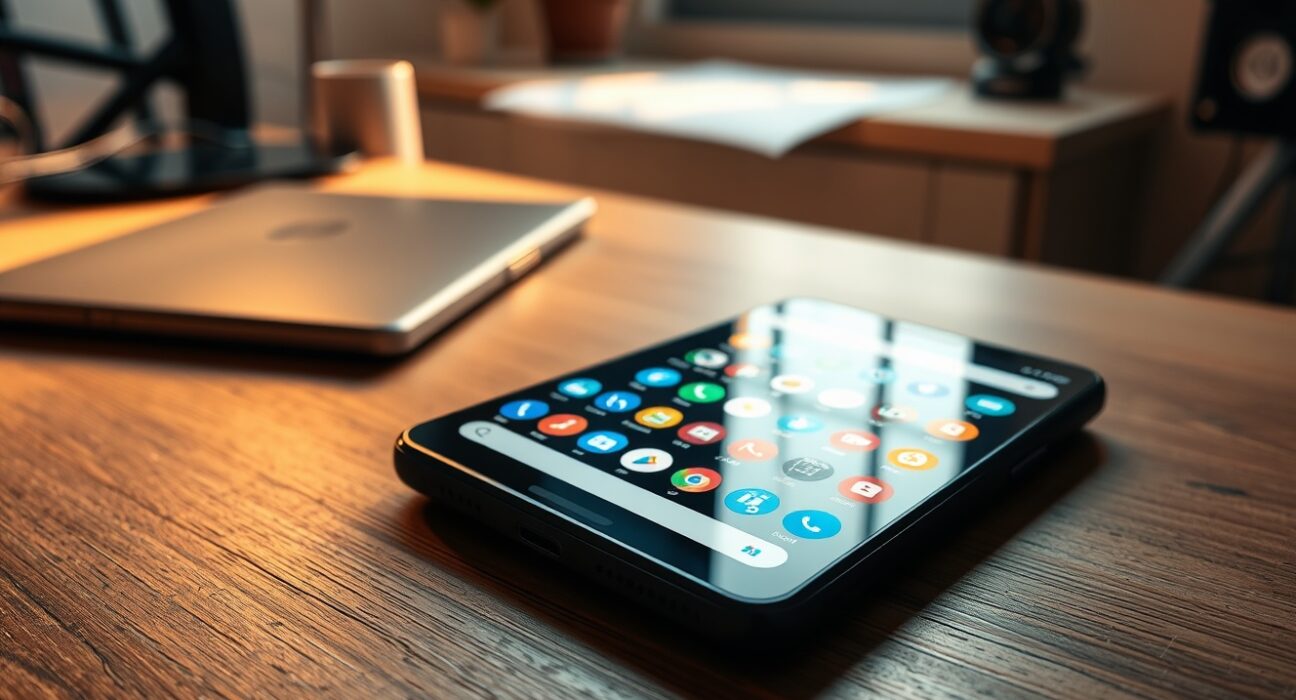 Google Pixel smartphone home screen with disco ball style app icons on a desk