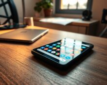 Google Pixel smartphone home screen with disco ball style app icons on a desk