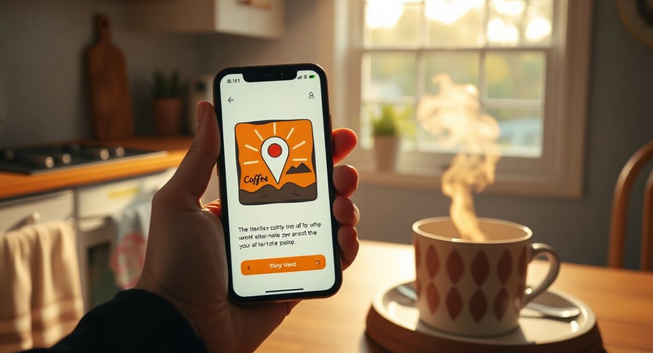 Person holding a smartphone displaying a Dreambeans AI-generated story card in a sunlit kitchen with coffee.