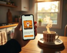 Person holding a smartphone displaying a Dreambeans AI-generated story card in a sunlit kitchen with coffee.