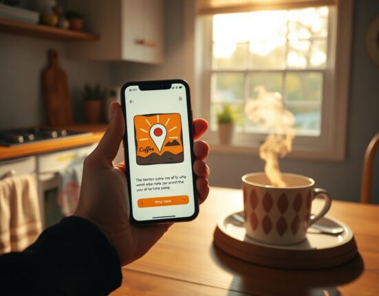 Person holding a smartphone displaying a Dreambeans AI-generated story card in a sunlit kitchen with coffee.