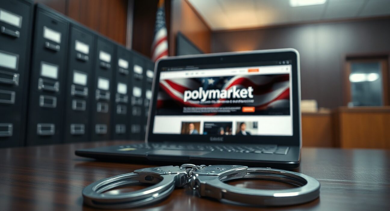 Handcuffs and laptop showing Polymarket in a federal office setting