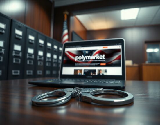 Handcuffs and laptop showing Polymarket in a federal office setting