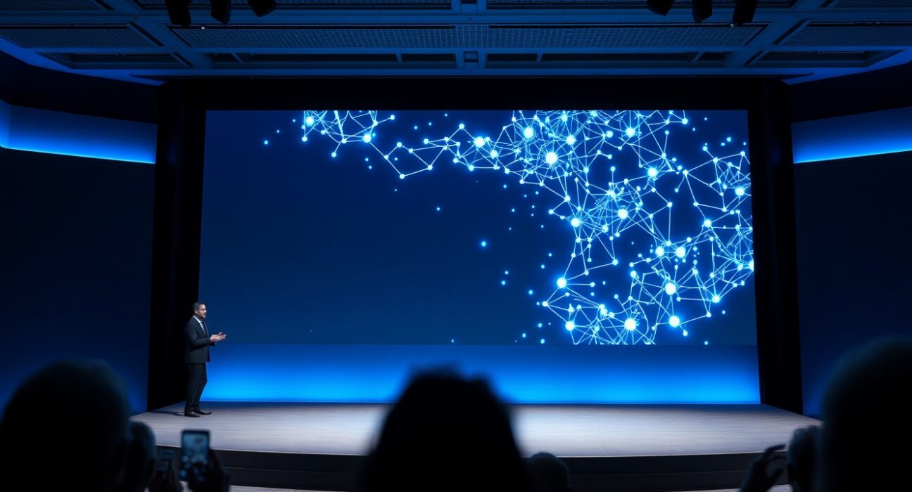 Google I/O 2026 stage with AI agent network visualization on large screen