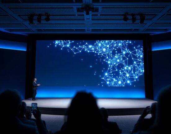 Google I/O 2026 stage with AI agent network visualization on large screen