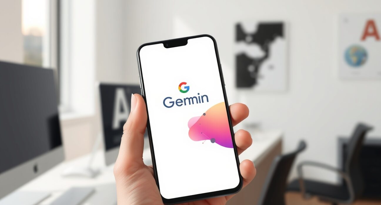 Smartphone displaying Google Gemini AI assistant app interface in a bright workspace
