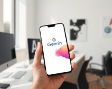 Smartphone displaying Google Gemini AI assistant app interface in a bright workspace