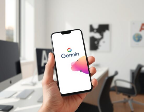 Smartphone displaying Google Gemini AI assistant app interface in a bright workspace