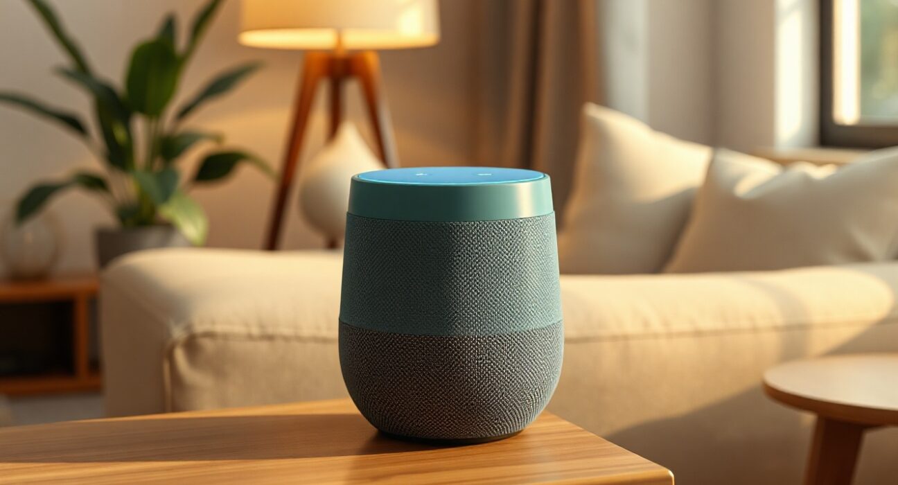 Google Home Speaker in Jade color on a wooden table with glowing blue ring light in a living room.