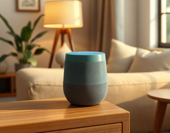 Google Home Speaker in Jade color on a wooden table with glowing blue ring light in a living room.