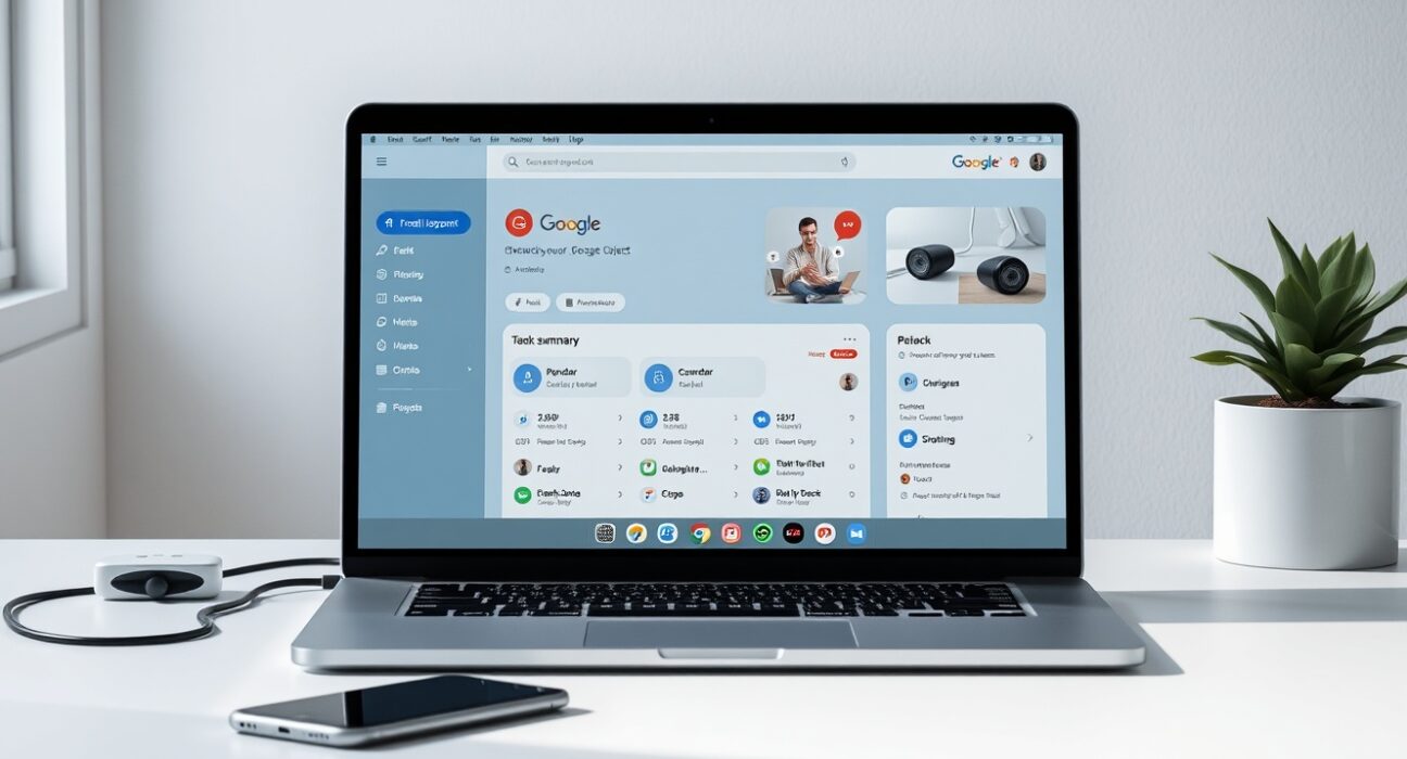 Laptop displaying Google Gemini Spark AI assistant interface on a clean desk with a smartphone.