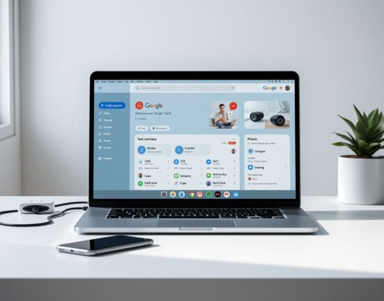 Laptop displaying Google Gemini Spark AI assistant interface on a clean desk with a smartphone.