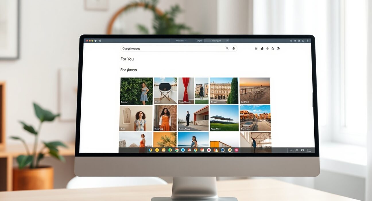 Redesigned Google Images interface with a 'For You' gallery of lifestyle images on a desktop screen in a modern home office setting.