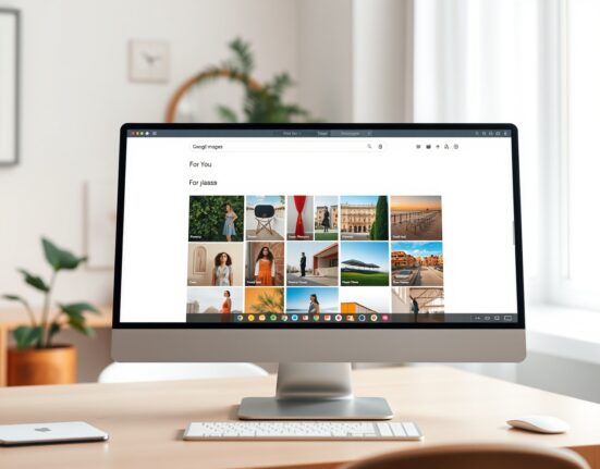 Redesigned Google Images interface with a 'For You' gallery of lifestyle images on a desktop screen in a modern home office setting.