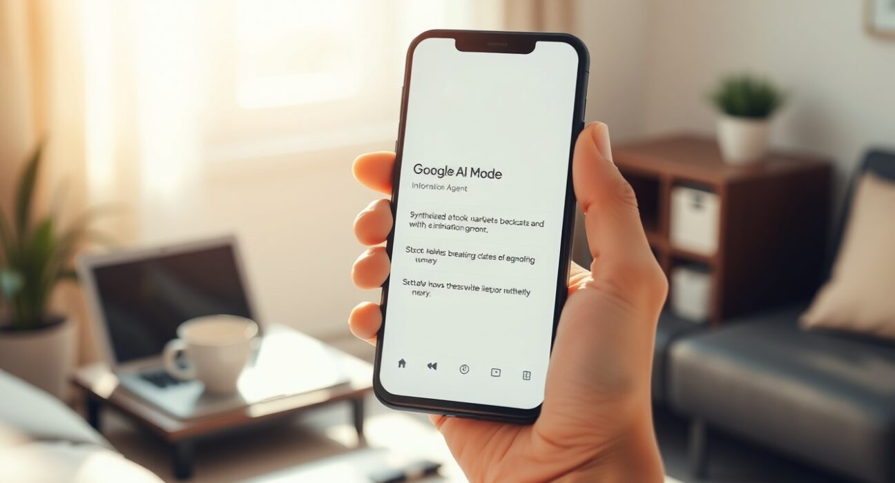 Person using Google AI Mode on a smartphone with an information agent notification visible on screen