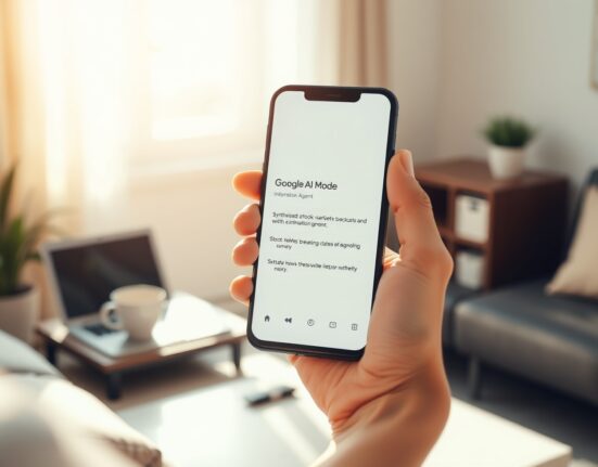 Person using Google AI Mode on a smartphone with an information agent notification visible on screen