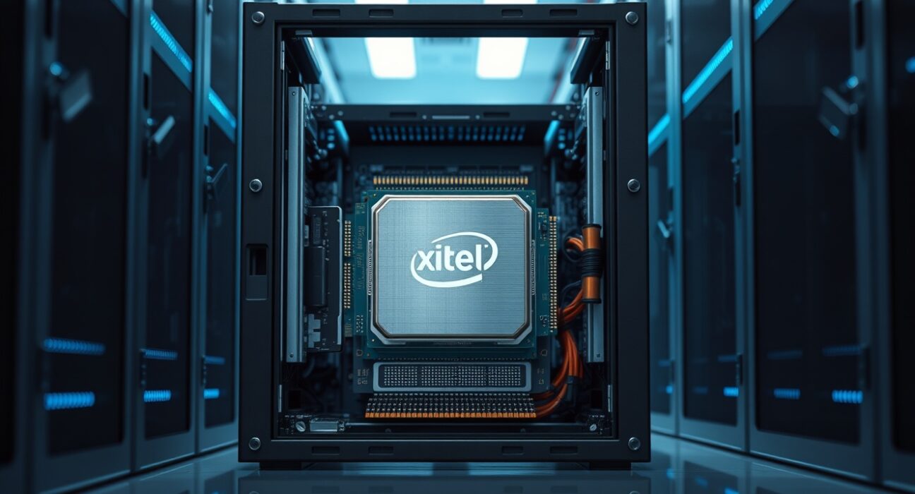 Intel Xeon processor inside a modern data center server, representing the Google and Intel AI infrastructure partnership.