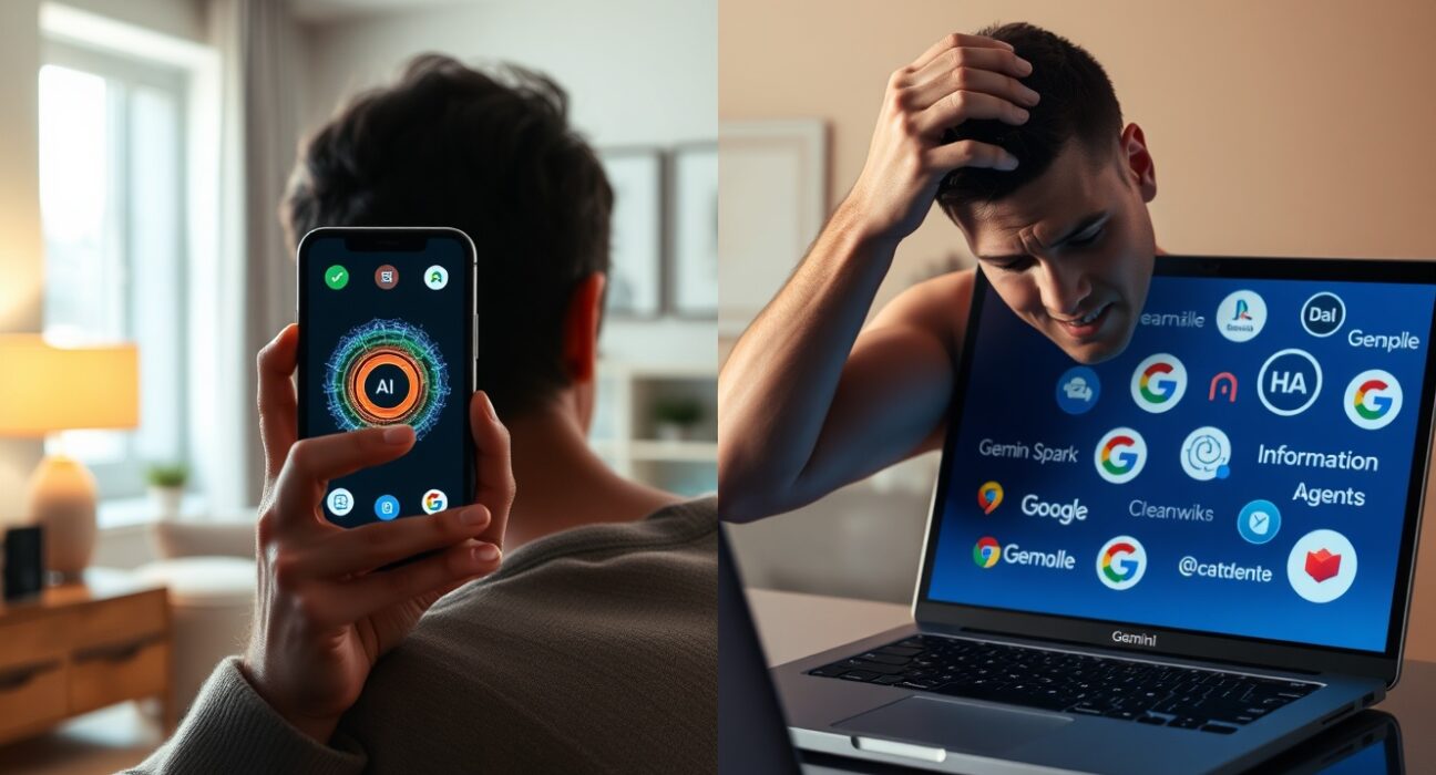 Person using a smartphone with Gemini AI interface next to a laptop showing Google product logos, conveying consumer confusion.