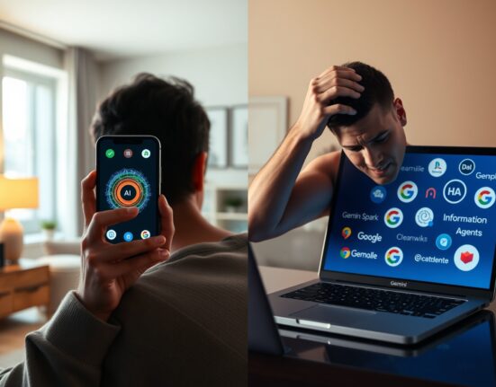 Person using a smartphone with Gemini AI interface next to a laptop showing Google product logos, conveying consumer confusion.