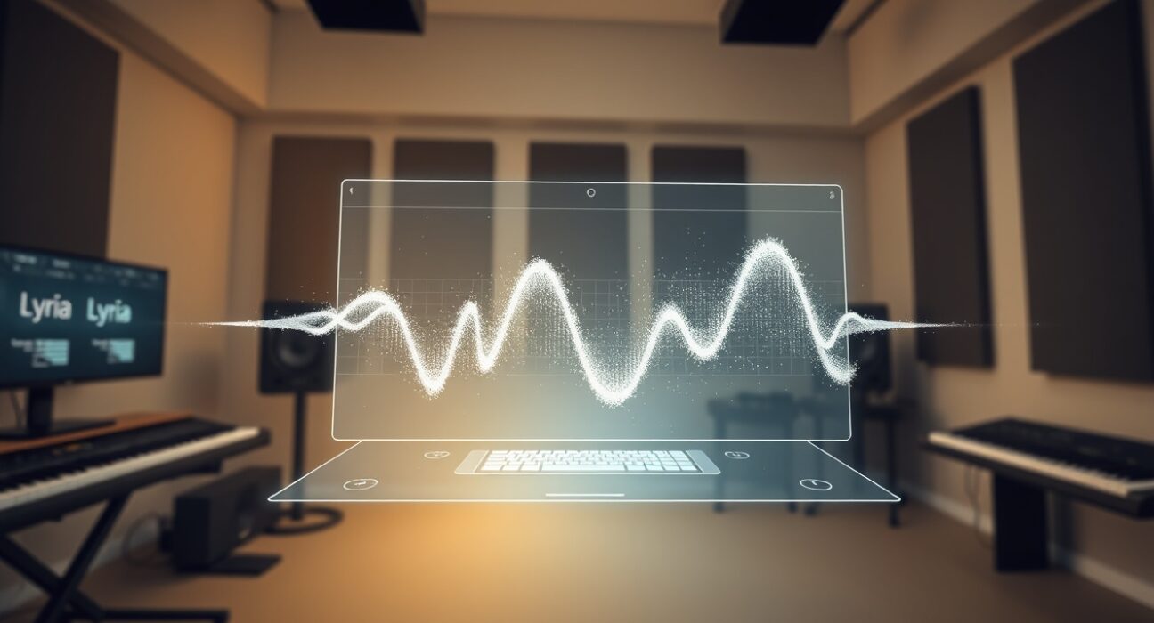 Google Lyria 3 Pro AI music generation model creating digital waveforms in a studio setting.