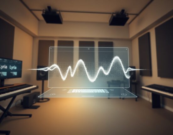Google Lyria 3 Pro AI music generation model creating digital waveforms in a studio setting.