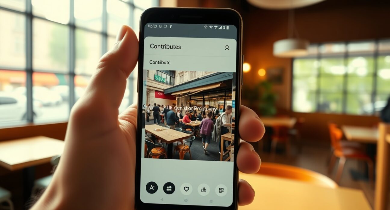 Google Maps AI generating photo captions for user contributions on a smartphone.