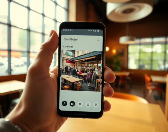 Google Maps AI generating photo captions for user contributions on a smartphone.