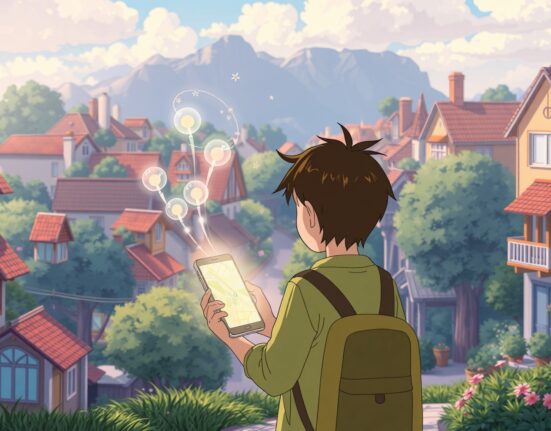 Google Maps Gemini AI providing hands-free navigation assistance to a person walking in a city.