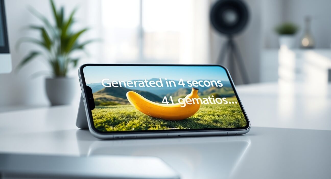 Smartphone displaying an AI-generated image with a 4-second generation time concept on a desk