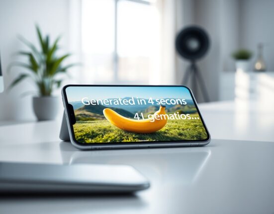 Smartphone displaying an AI-generated image with a 4-second generation time concept on a desk