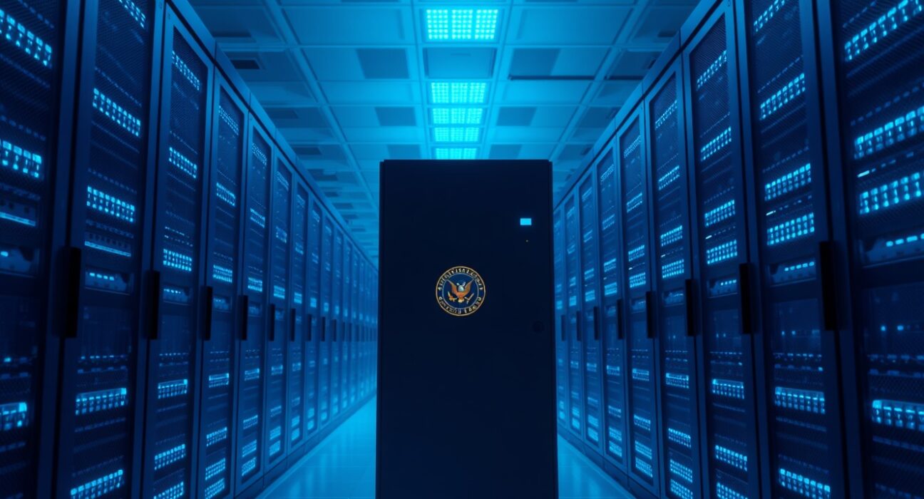 Google expands Pentagon access to its AI after Anthropic refuses similar deal, showing a data center with a server rack bearing a U.S. Department of Defense seal.