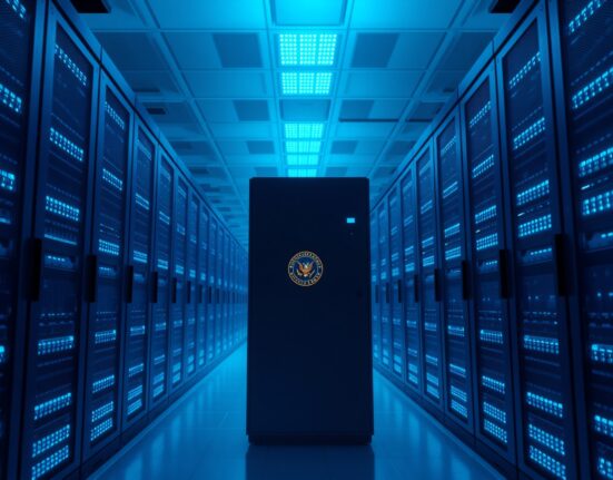 Google expands Pentagon access to its AI after Anthropic refuses similar deal, showing a data center with a server rack bearing a U.S. Department of Defense seal.