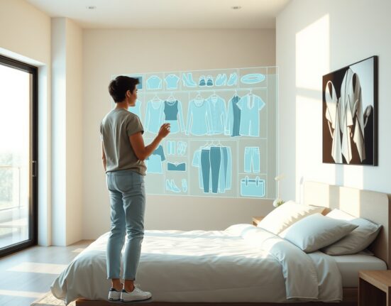 Google Photos AI digital closet feature showing a holographic wardrobe interface with clothing items for virtual try-on