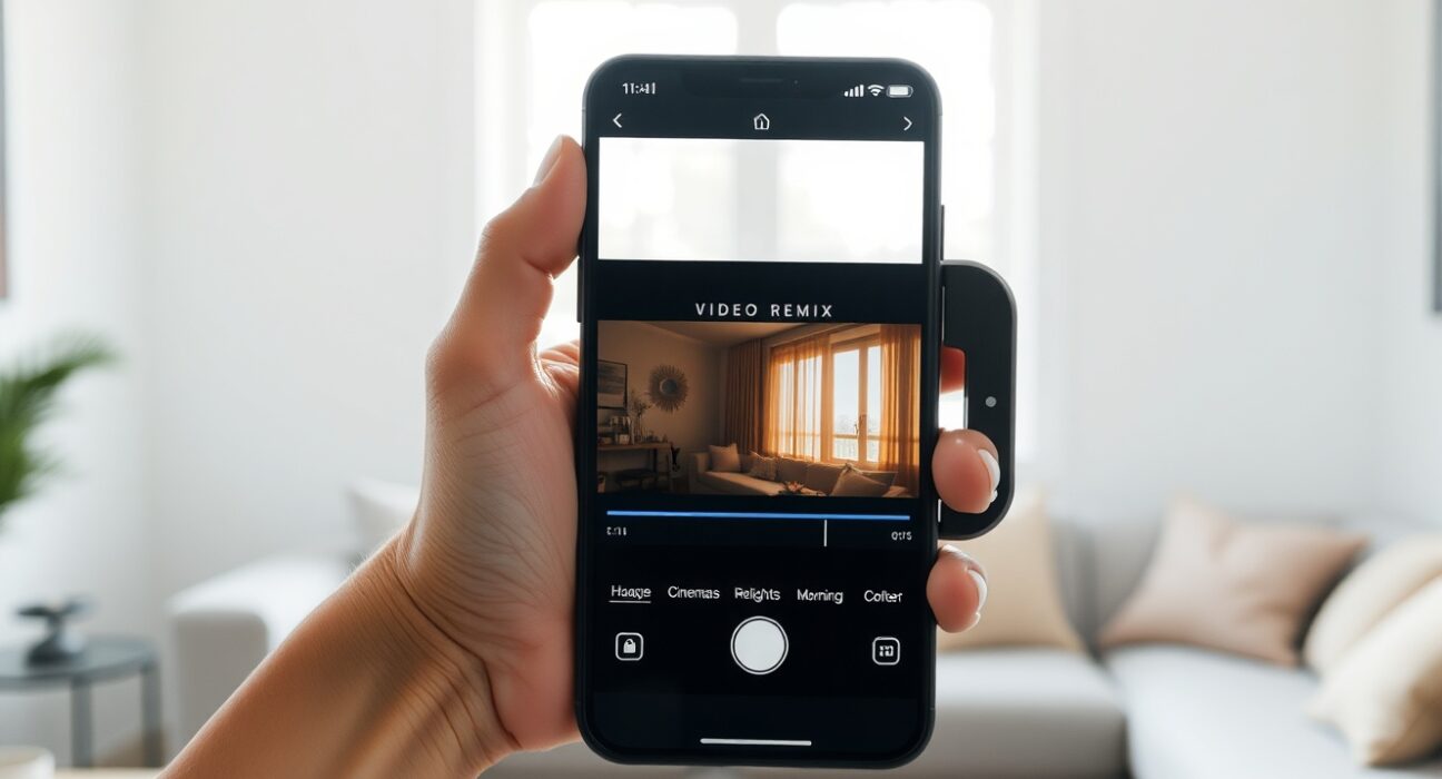 Hand holding smartphone showing Google Photos Video Remix AI editing tool interface with cinematic effects
