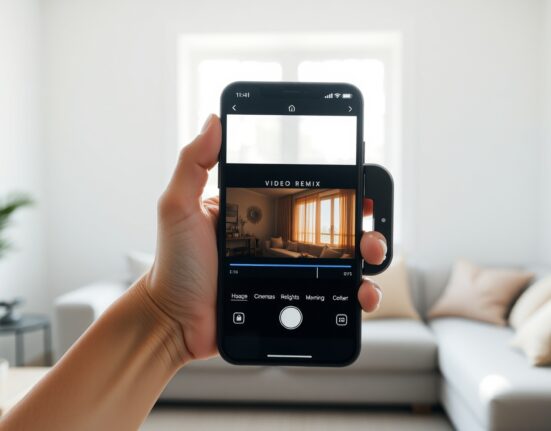 Hand holding smartphone showing Google Photos Video Remix AI editing tool interface with cinematic effects