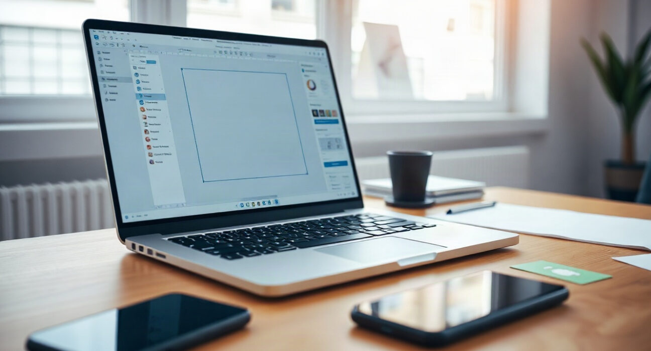 Laptop on a desk showing a design interface with a smartphone nearby, illustrating Google Pics AI design tool.