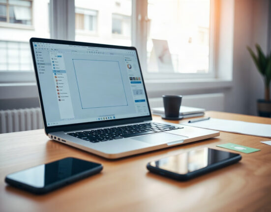 Laptop on a desk showing a design interface with a smartphone nearby, illustrating Google Pics AI design tool.