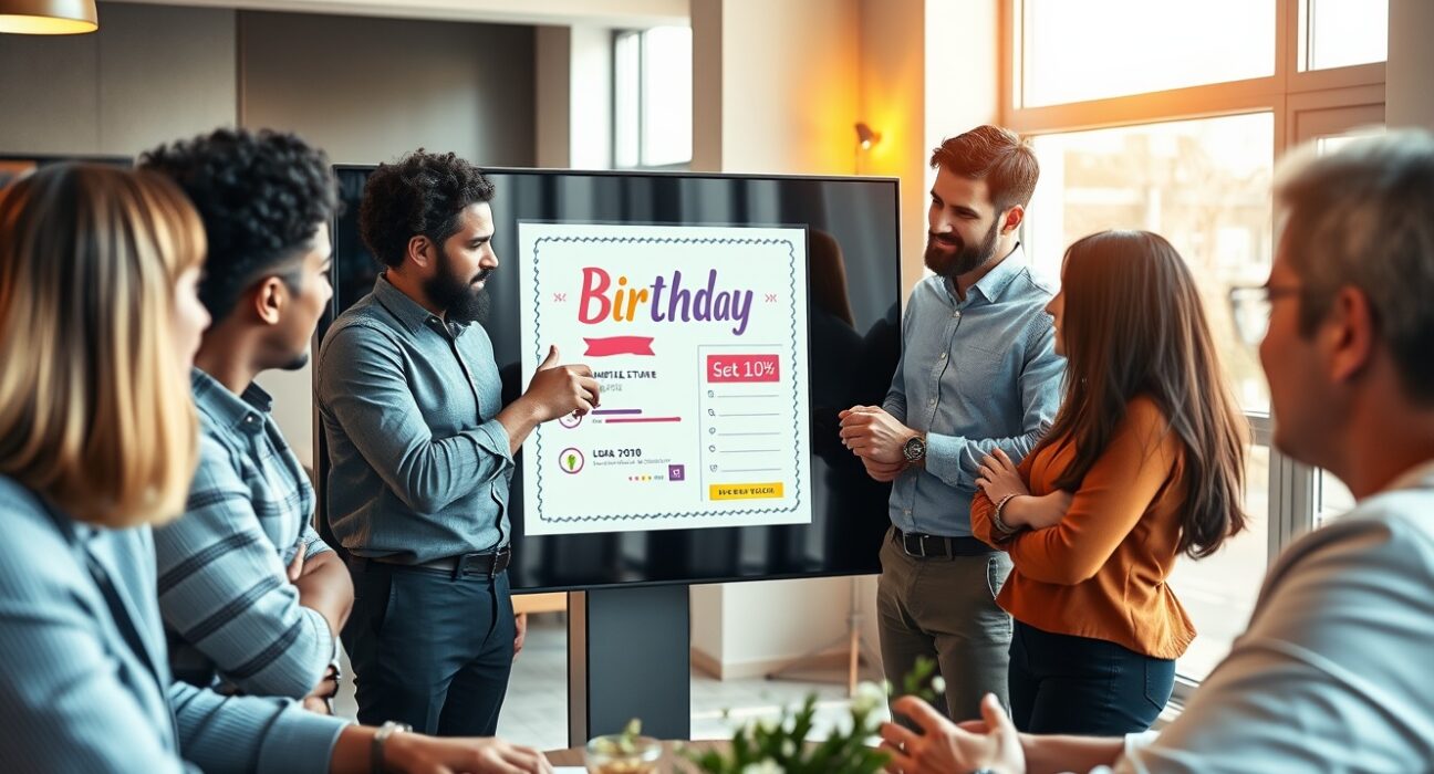 Professionals collaborating on a digital screen displaying an AI-generated invitation design in a bright modern workspace
