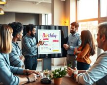 Professionals collaborating on a digital screen displaying an AI-generated invitation design in a bright modern workspace