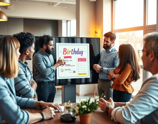 Professionals collaborating on a digital screen displaying an AI-generated invitation design in a bright modern workspace